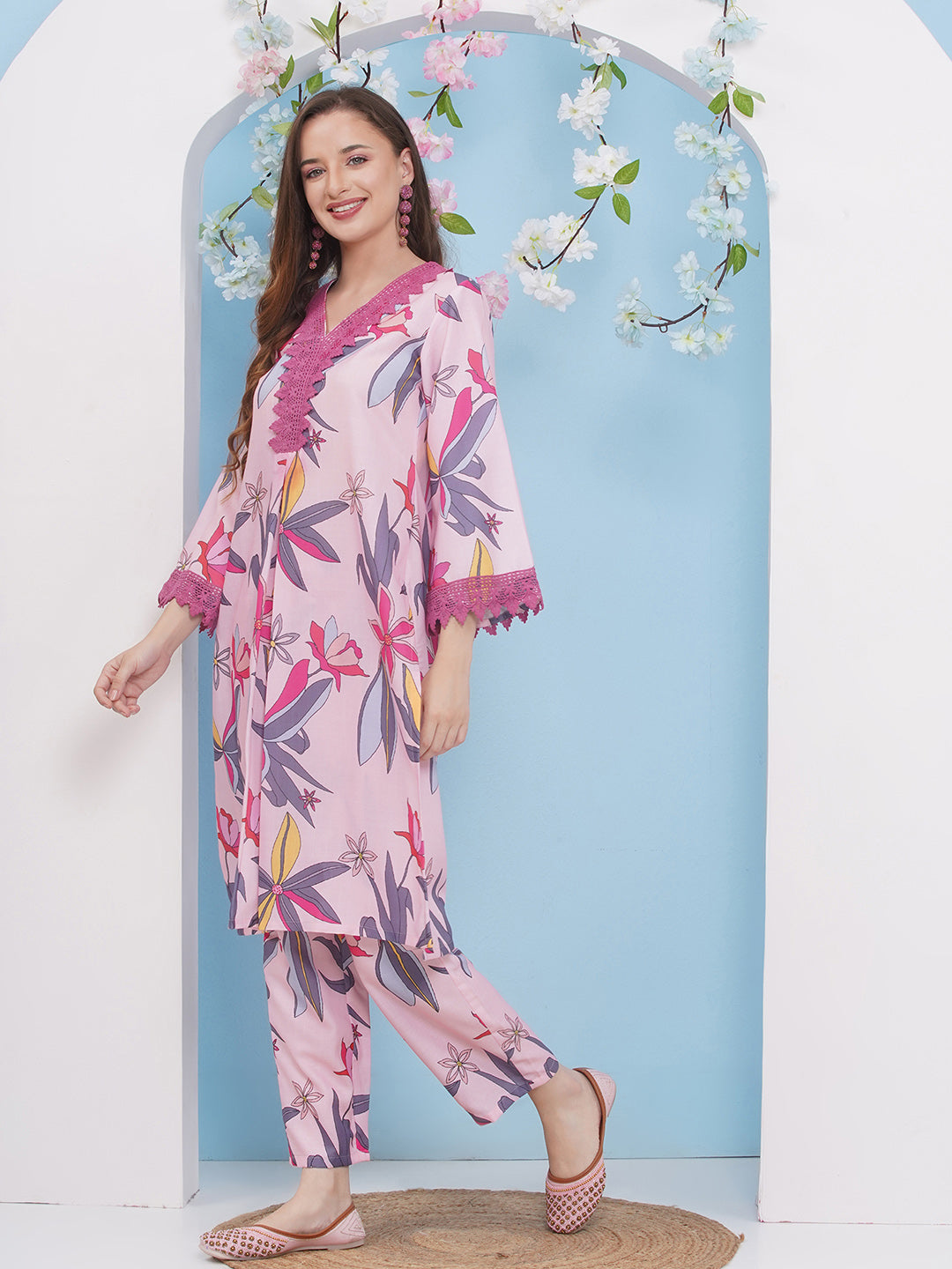 Bhama Couture Pink With Multi Colour Floral Printed Kurta set