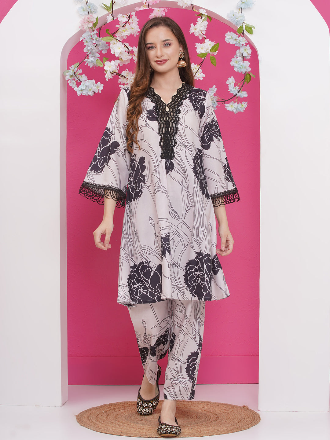 Bhama Couture Beige & Black Colour Floral Printed Kurta set