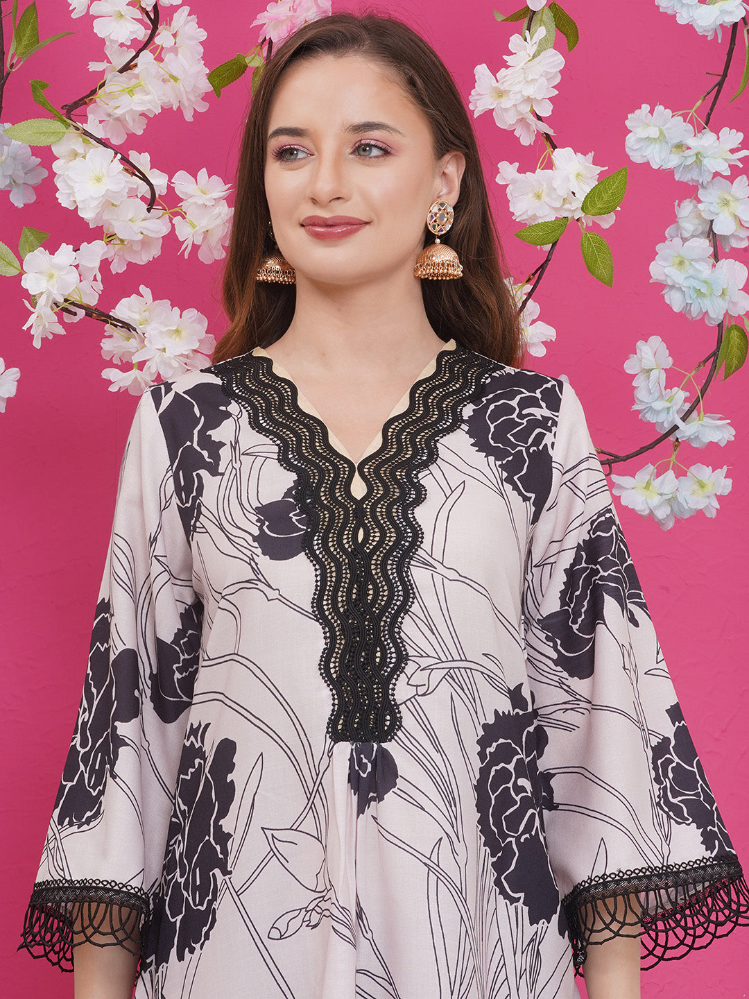 Bhama Couture Beige & Black Colour Floral Printed Kurta set