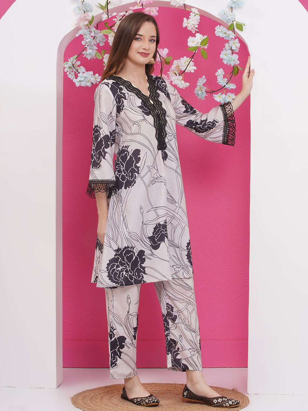 Bhama Couture Beige & Black Colour Floral Printed Kurta set