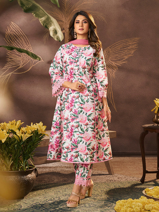 Bhama Couture Jennifer Winget White Floral Printed kurta set