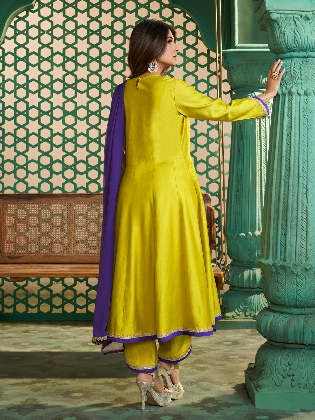 Bhama Couture Jennifer Winget Yellow Purple Embroidered Anarkali kurta set