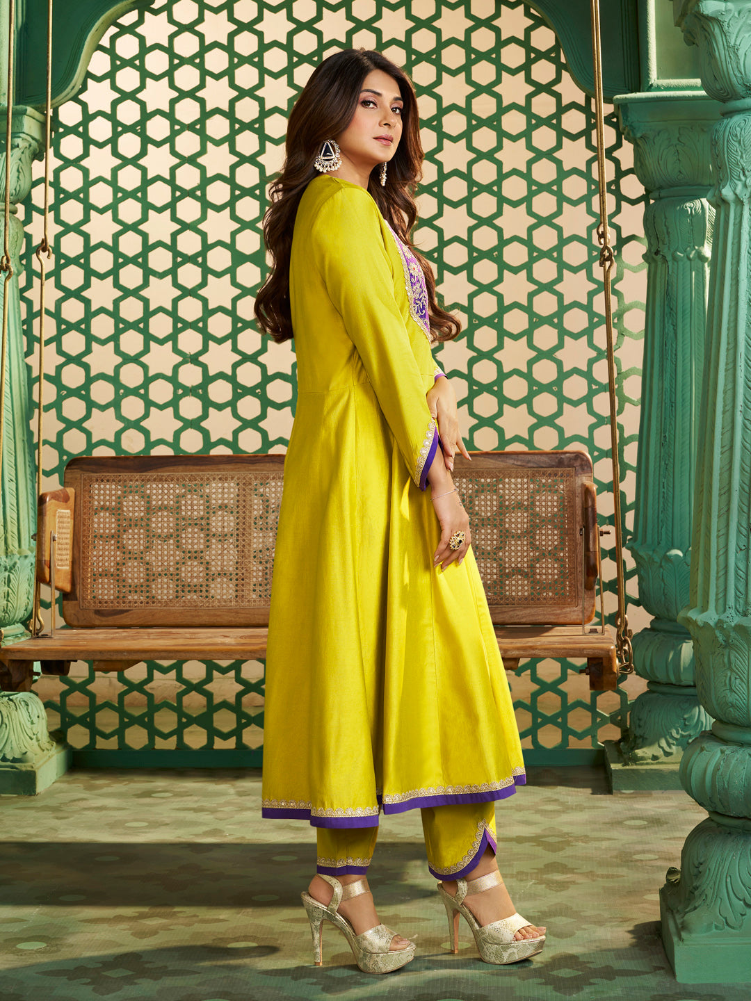 Bhama Couture Jennifer Winget Yellow Purple Embroidered Anarkali kurta set