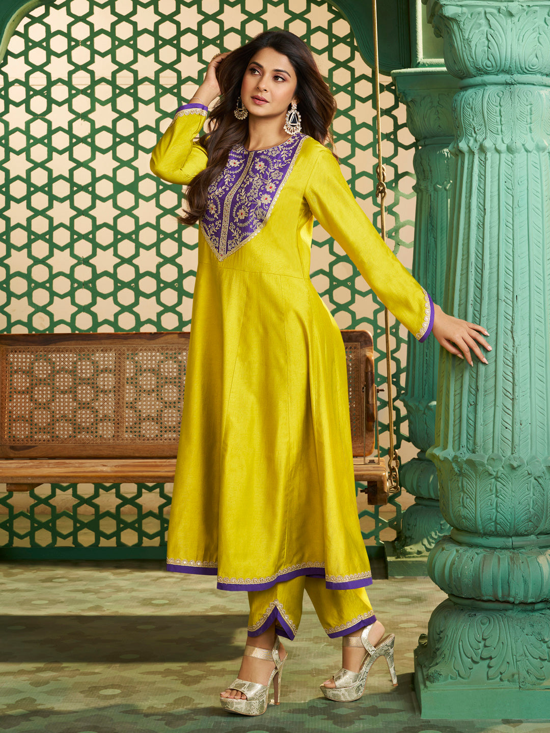 Bhama Couture Jennifer Winget Yellow Purple Embroidered Anarkali kurta set