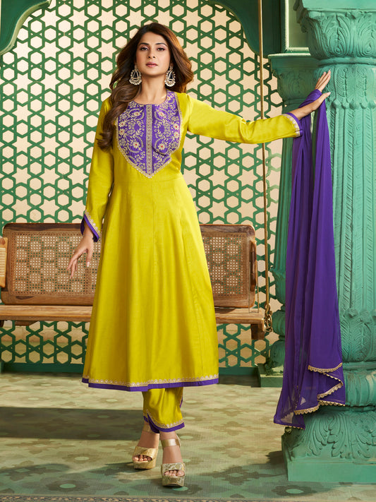 Bhama Couture Jennifer Winget Yellow Purple Embroidered Anarkali kurta set