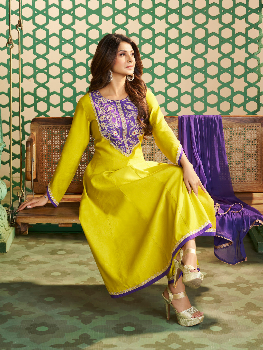 Bhama Couture Jennifer Winget Yellow Purple Embroidered Anarkali kurta set