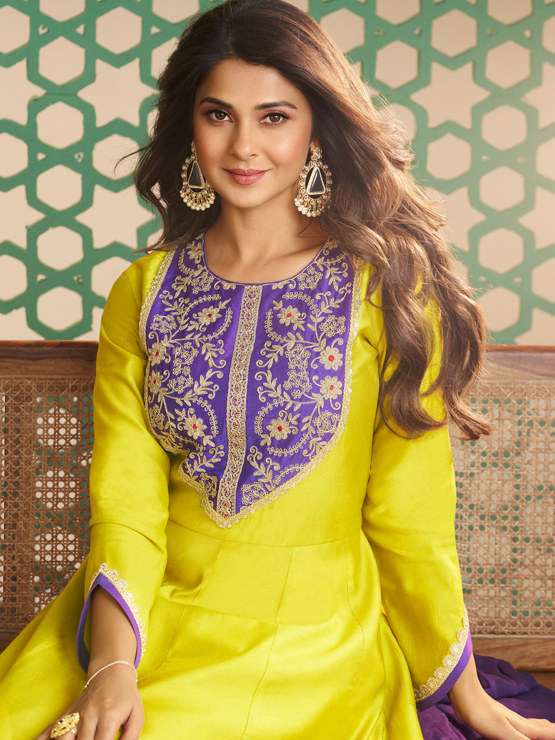 Bhama Couture Jennifer Winget Yellow Purple Embroidered Anarkali kurta set