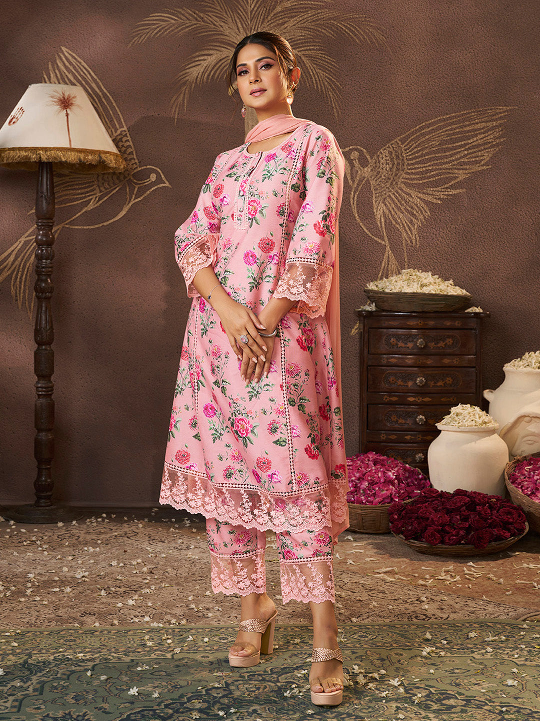 Bhama Couture Jennifer Winget Peach Floral Printed Kurta Set