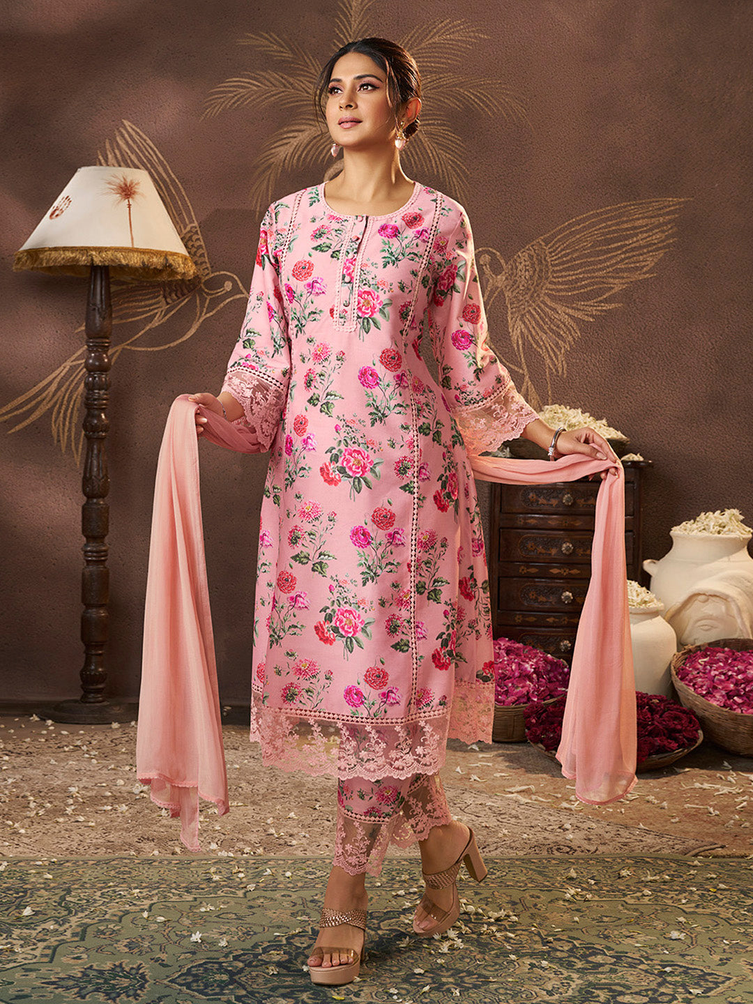 Bhama Couture Jennifer Winget Peach Floral Printed Kurta Set