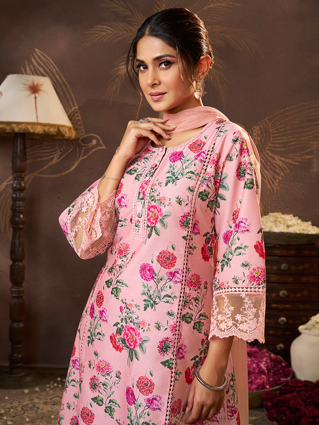 Bhama Couture Jennifer Winget Peach Floral Printed Kurta Set