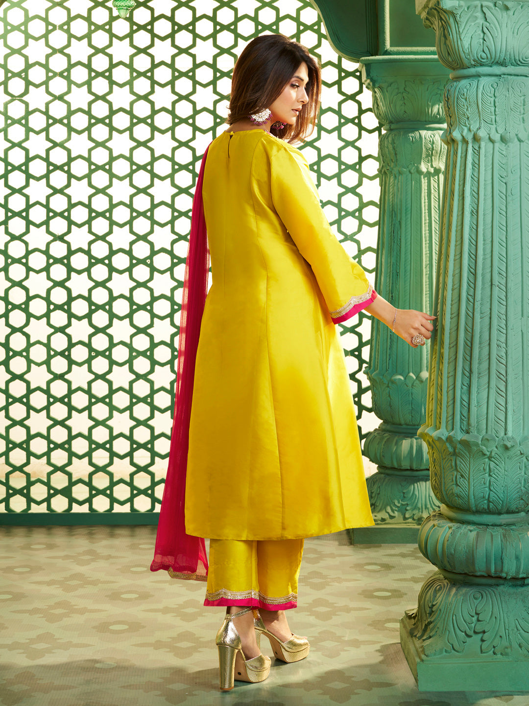 Bhama Couture Jennifer Winget Yellow With Pink Embroidered Yoke Kurta Set