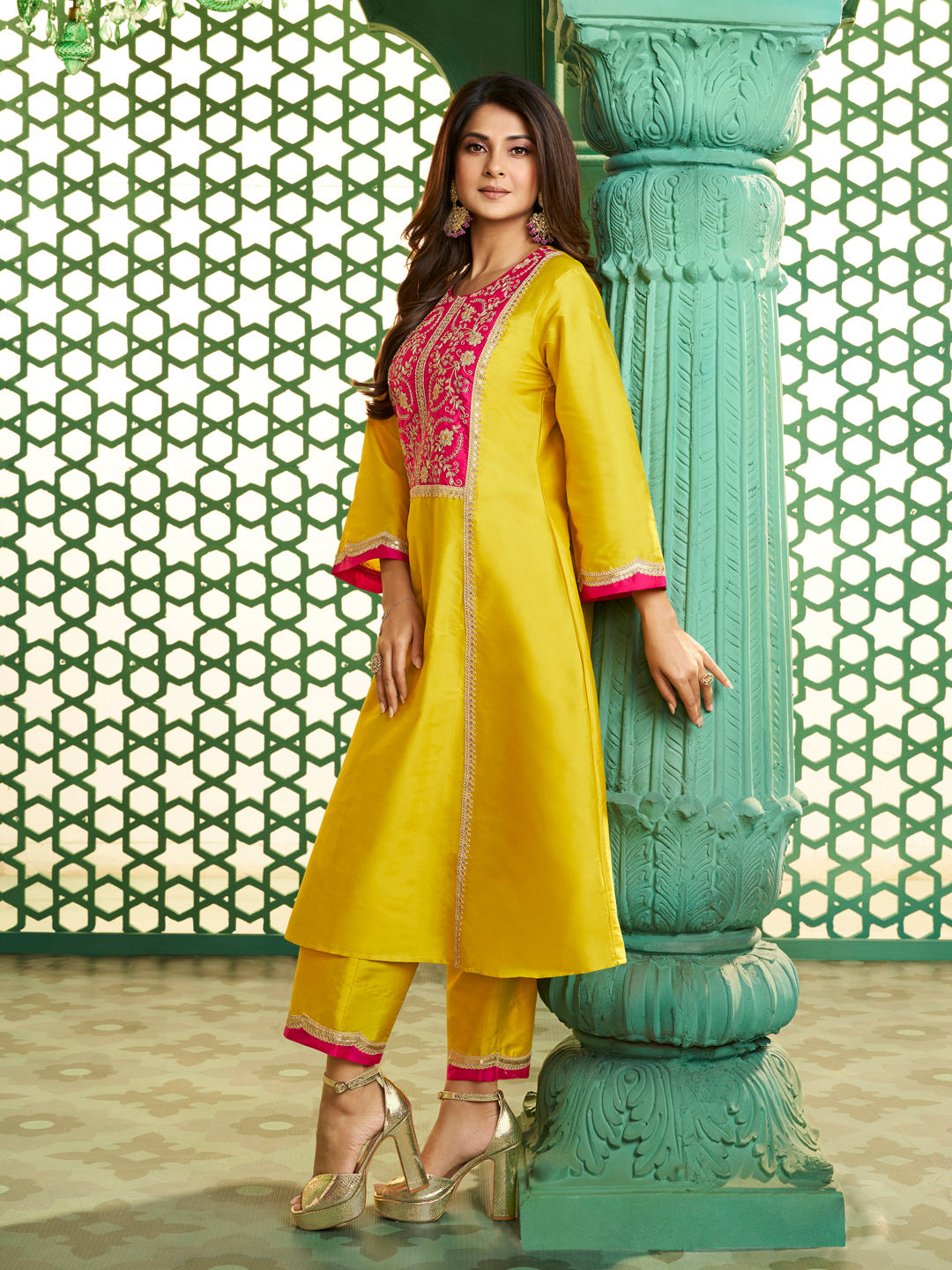 Bhama Couture Jennifer Winget Yellow With Pink Embroidered Yoke Kurta Set