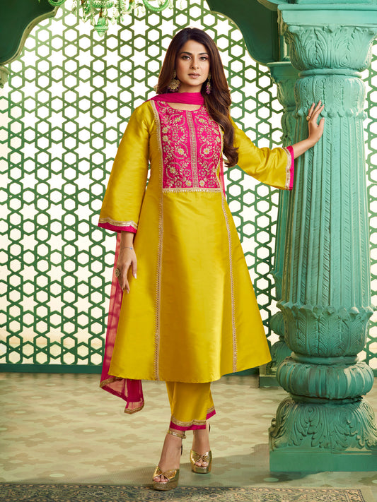 Bhama Couture Jennifer Winget Yellow With Pink Embroidered Yoke Kurta Set