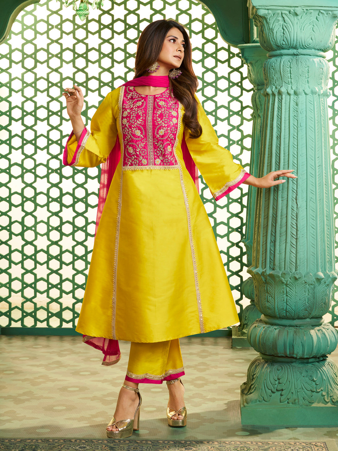 Bhama Couture Jennifer Winget Yellow With Pink Embroidered Yoke Kurta Set