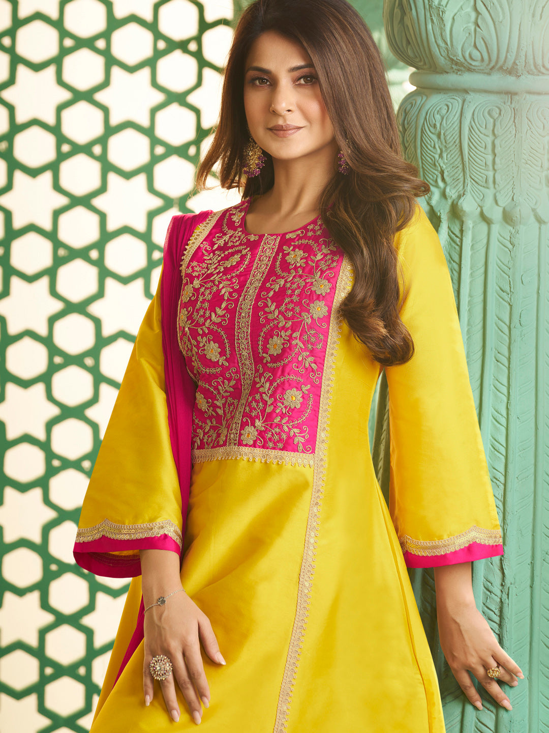 Bhama Couture Jennifer Winget Yellow With Pink Embroidered Yoke Kurta Set