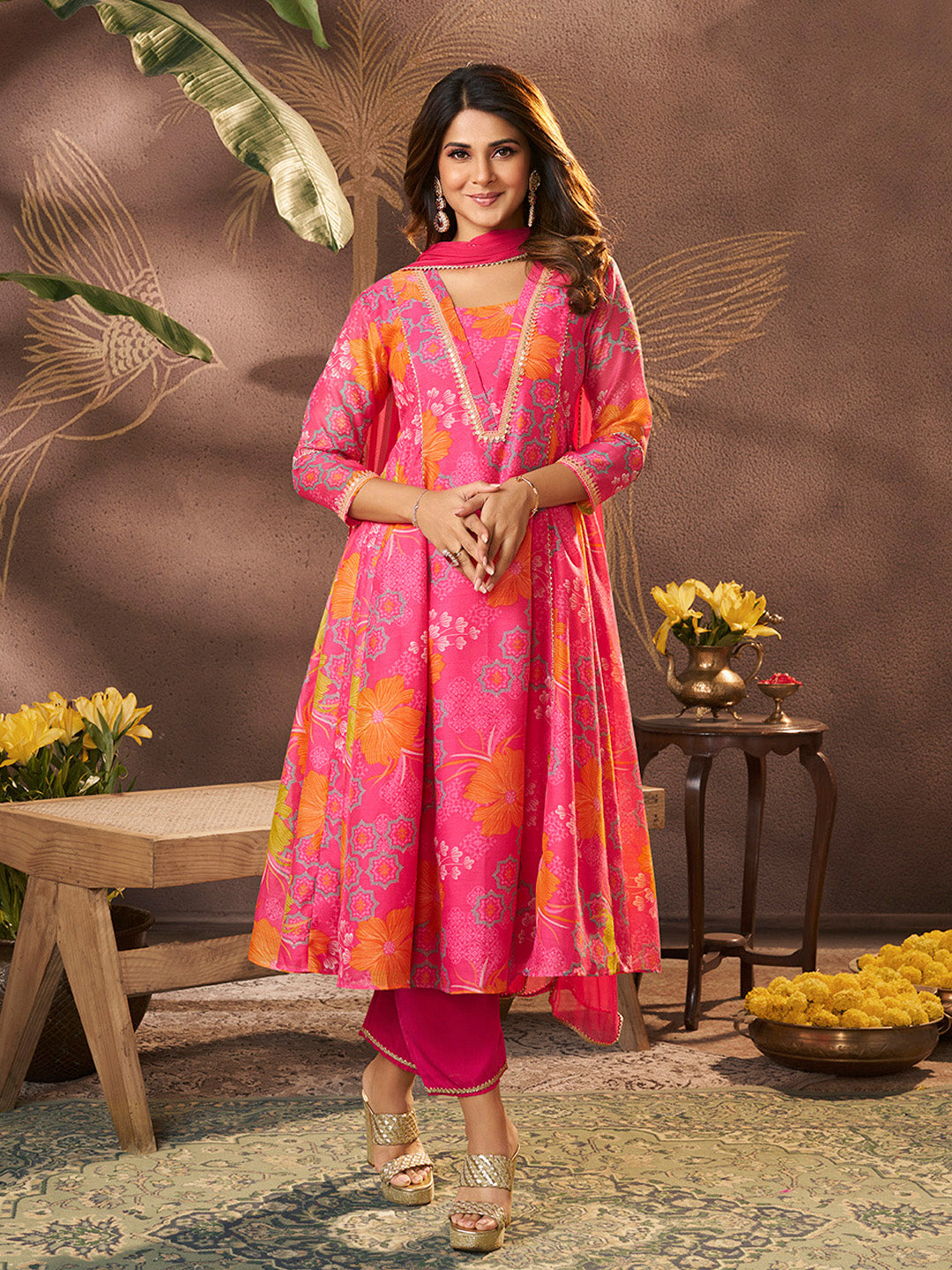 Bhama Couture Jennifer Winget Pink Printed Anarkali Kurta Set