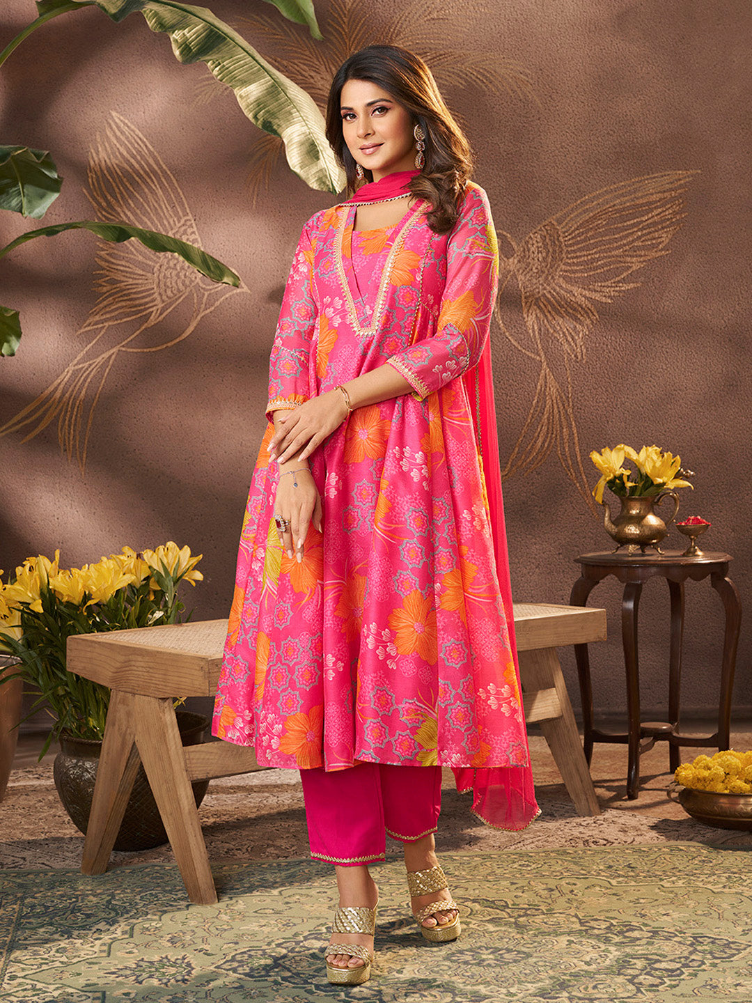 Bhama Couture Jennifer Winget Pink Printed Anarkali Kurta Set