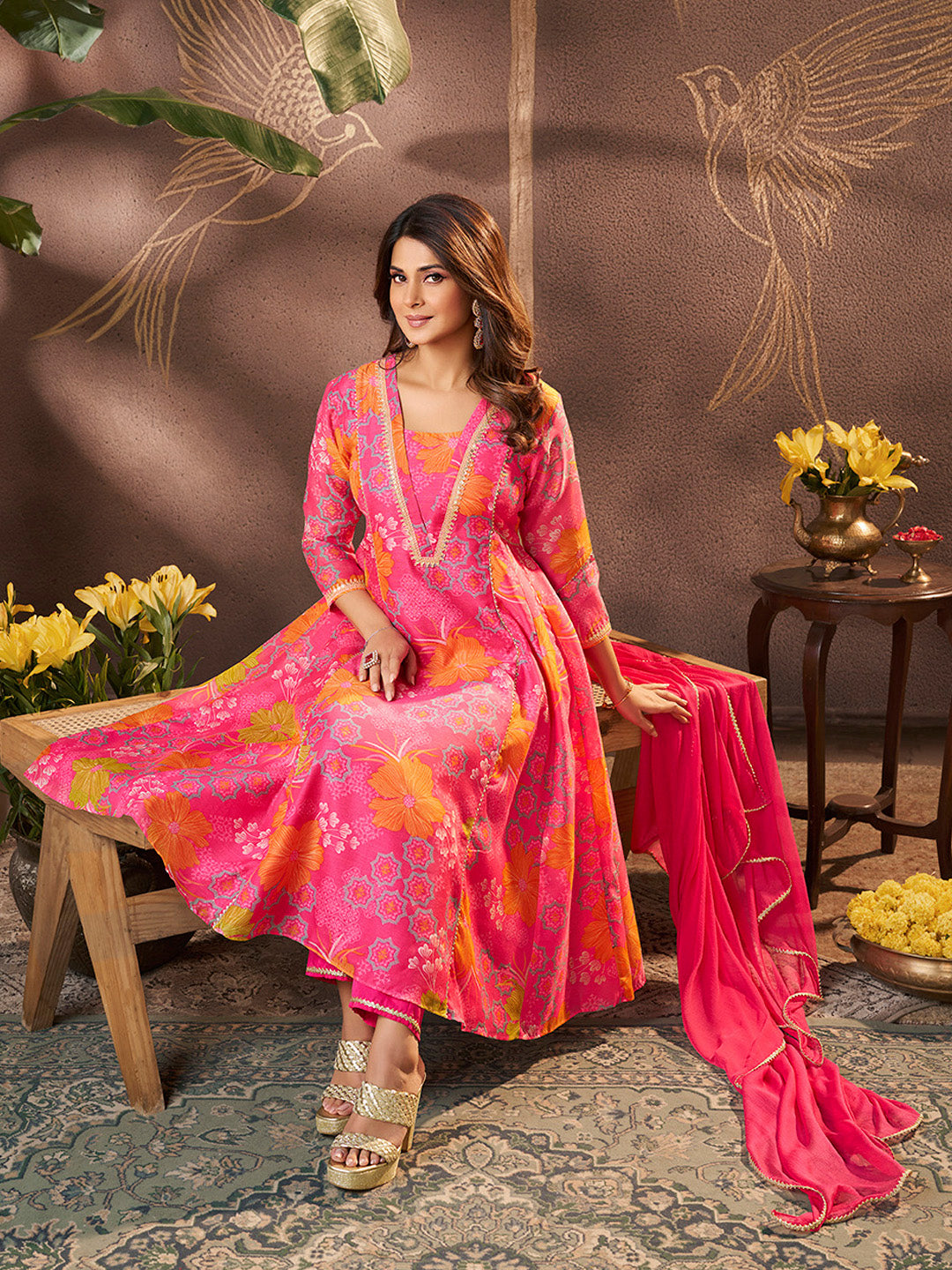 Bhama Couture Jennifer Winget Pink Printed Anarkali Kurta Set