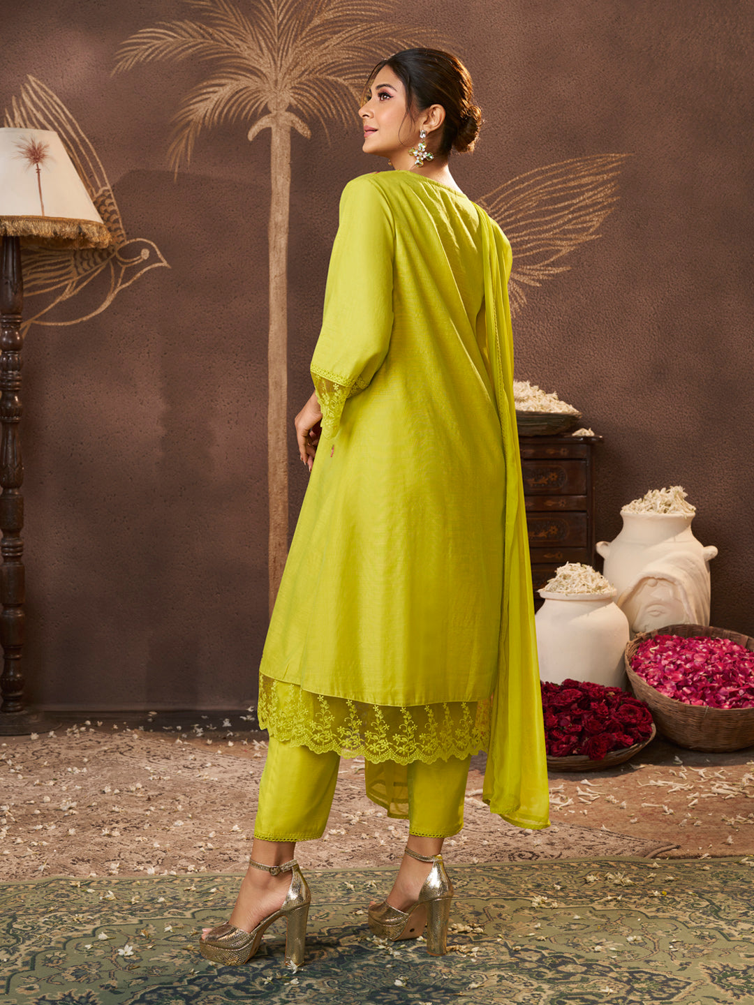 Bhama Couture Jennifer Winget Lime Yellow Embroidered Kurta Set