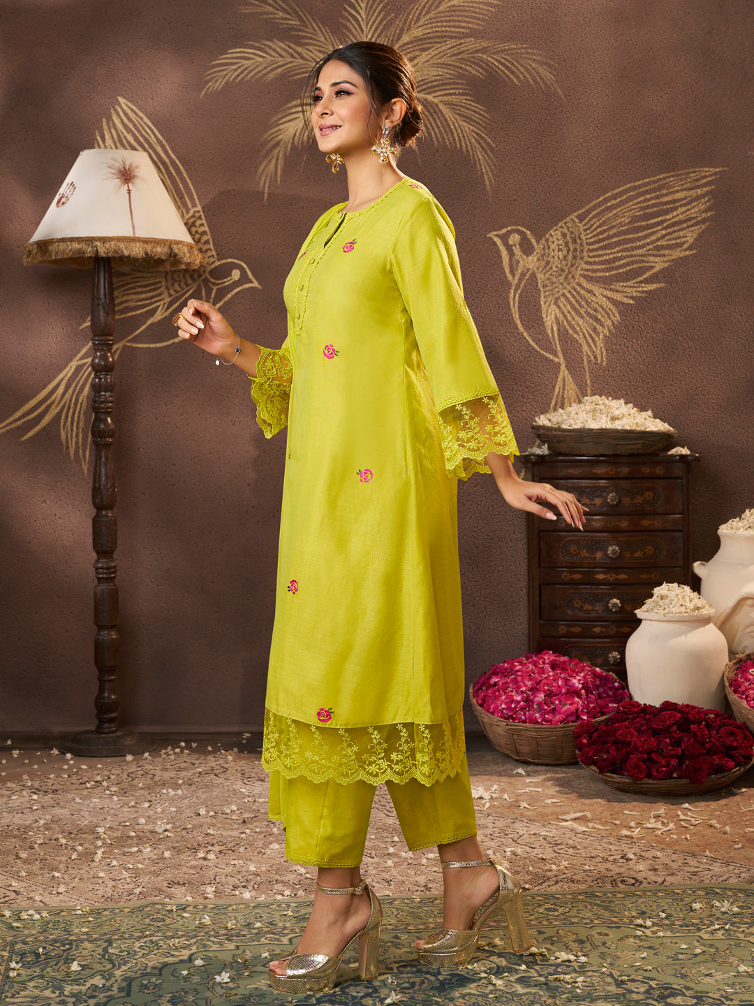 Bhama Couture Jennifer Winget Lime Yellow Embroidered Kurta Set