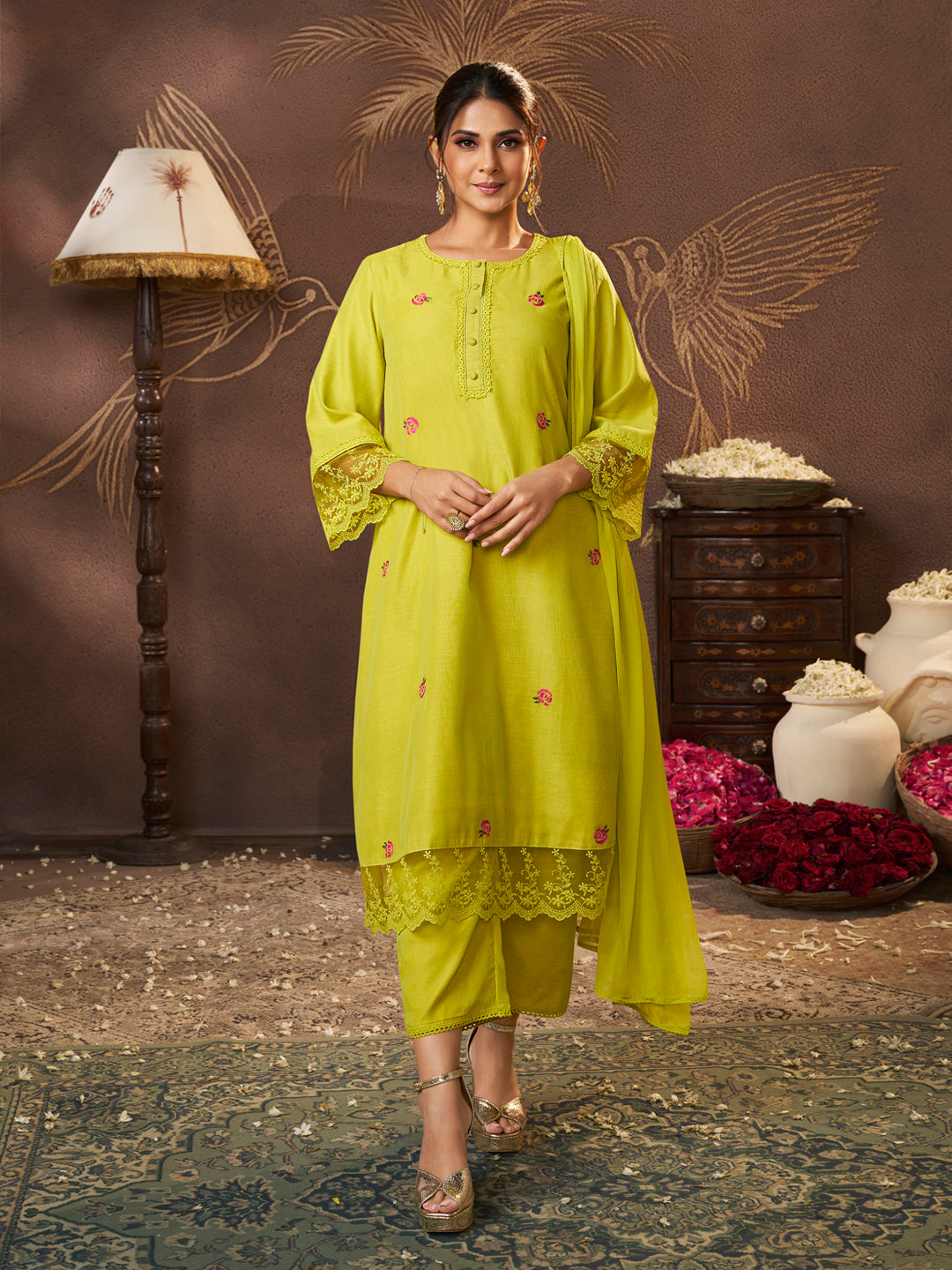 Bhama Couture Jennifer Winget Lime Yellow Embroidered Kurta Set