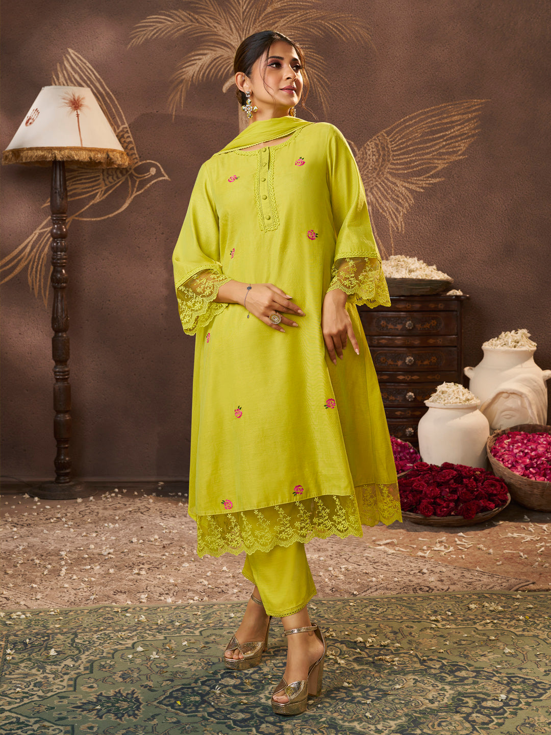 Bhama Couture Jennifer Winget Lime Yellow Embroidered Kurta Set