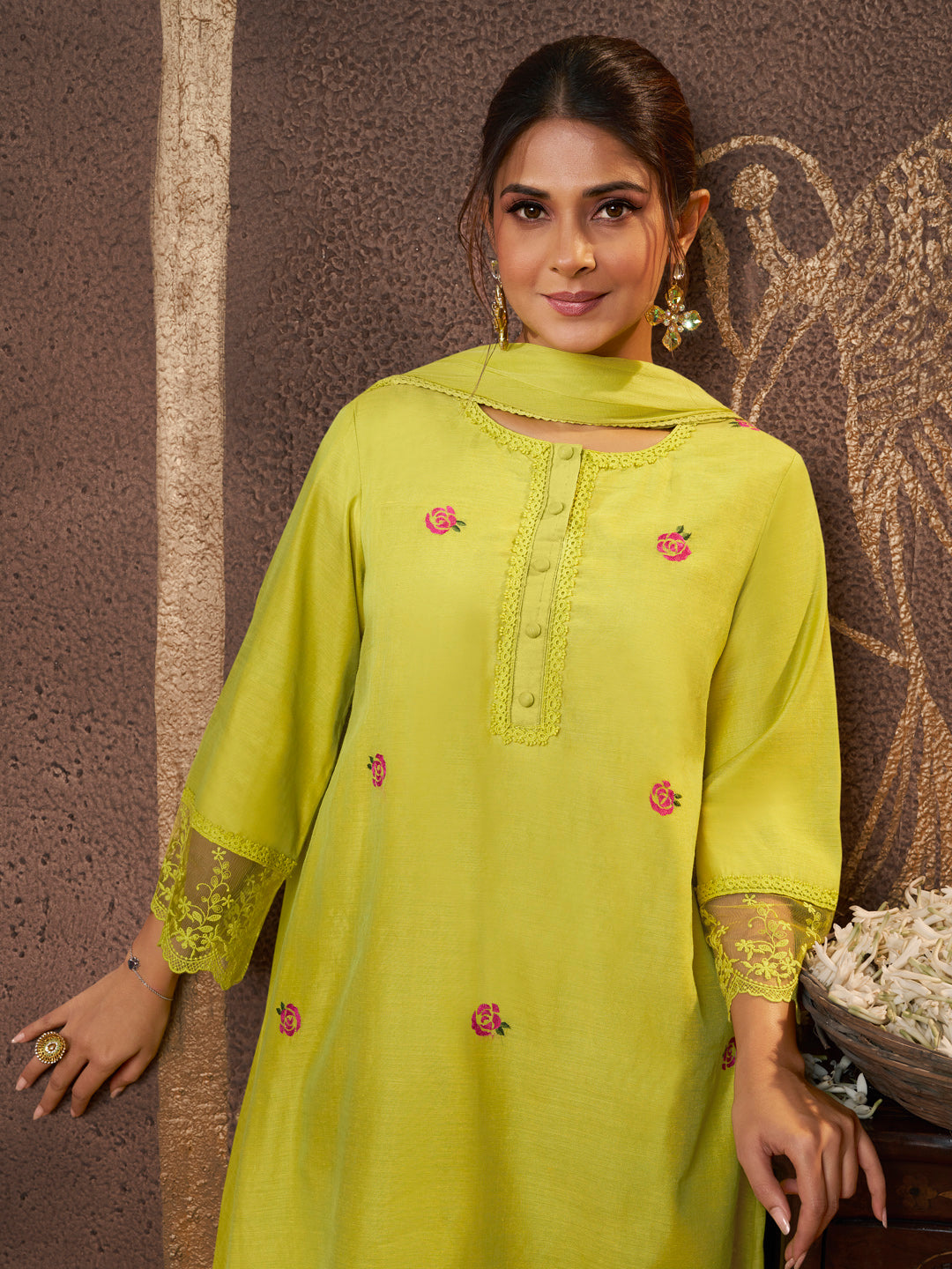 Bhama Couture Jennifer Winget Lime Yellow Embroidered Kurta Set