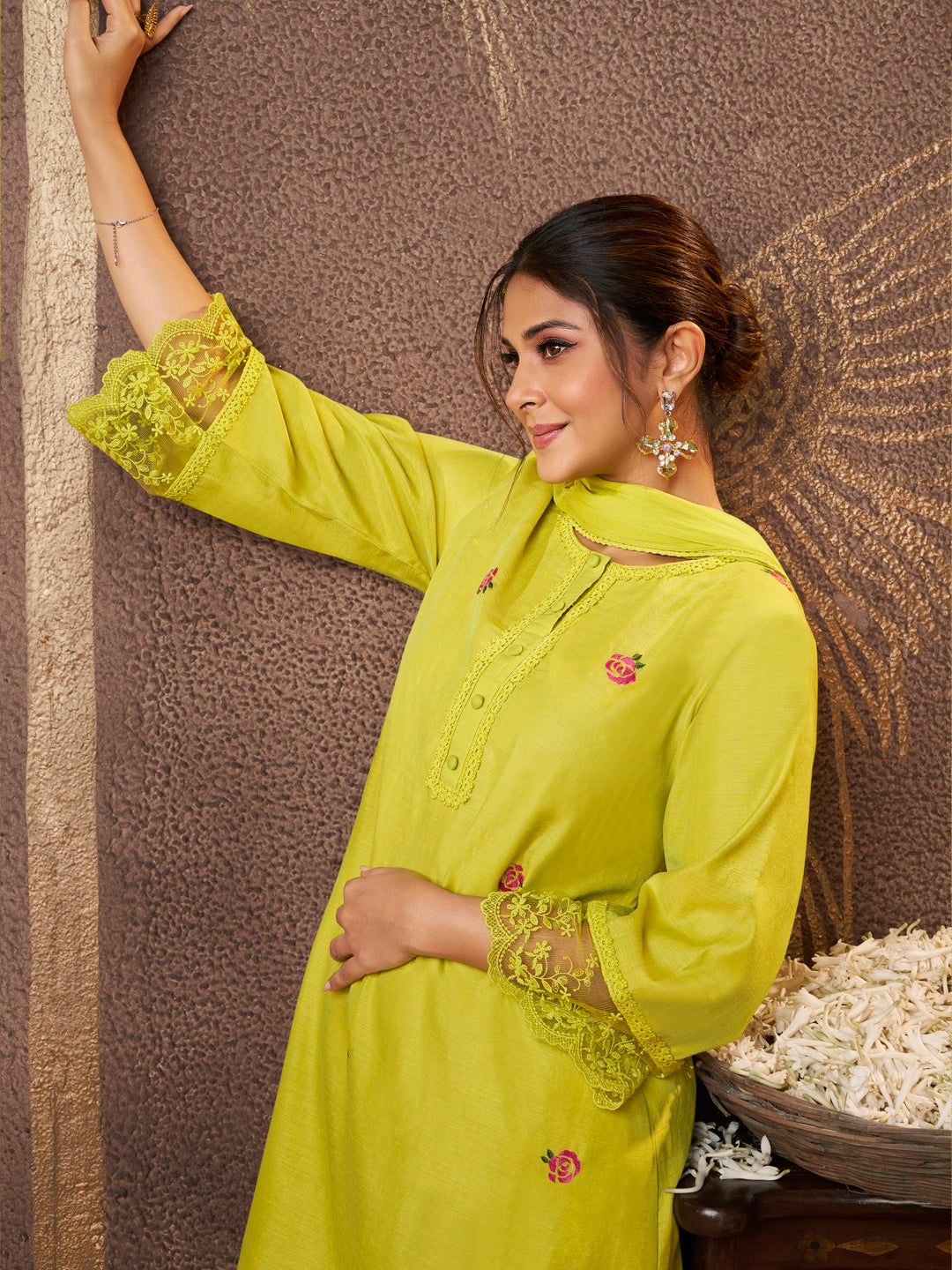 Bhama Couture Jennifer Winget Lime Yellow Embroidered Kurta Set