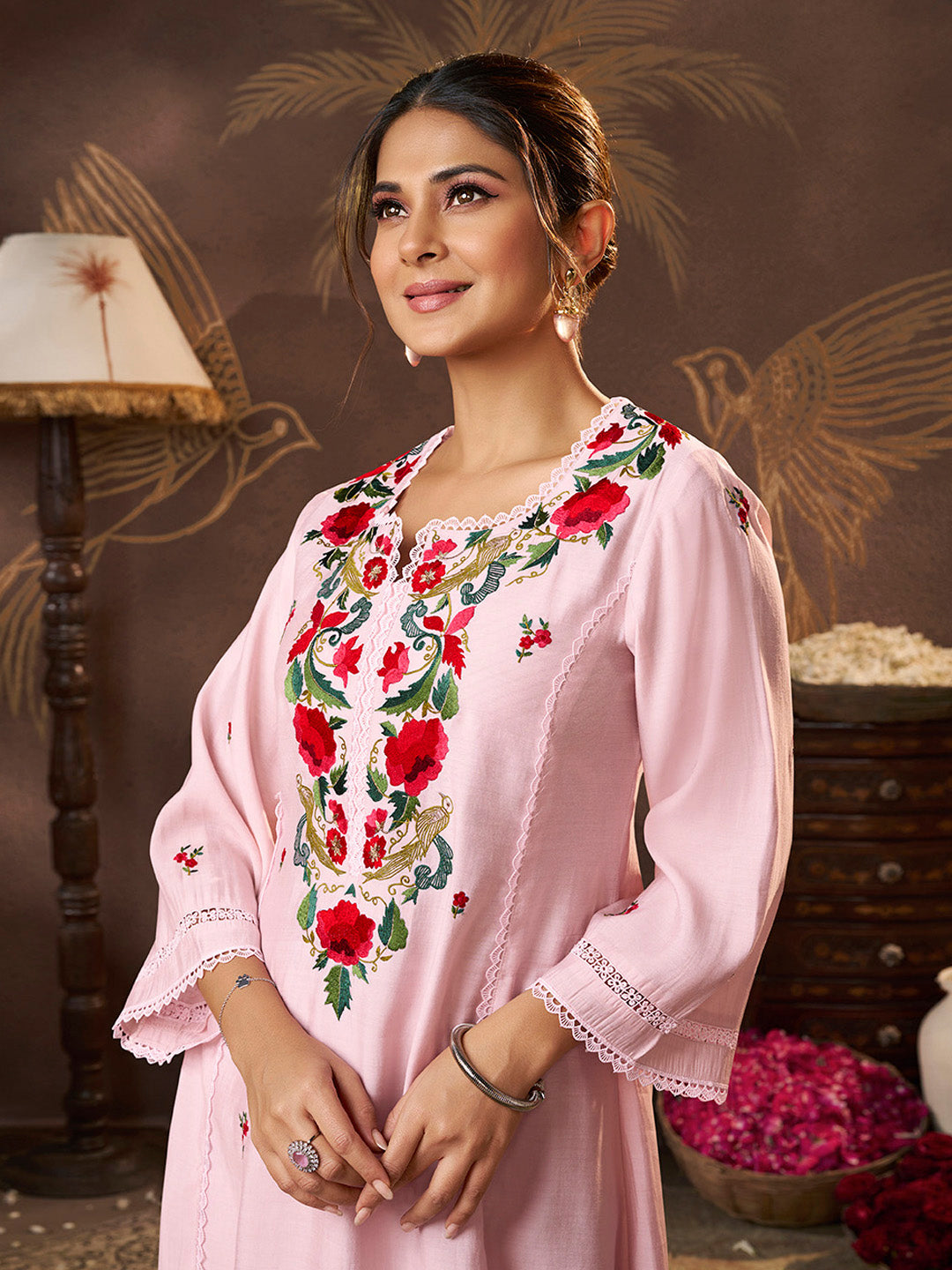 Bhama Couture Jennifer Winget Ligth Pink Embroidered Kurta Set