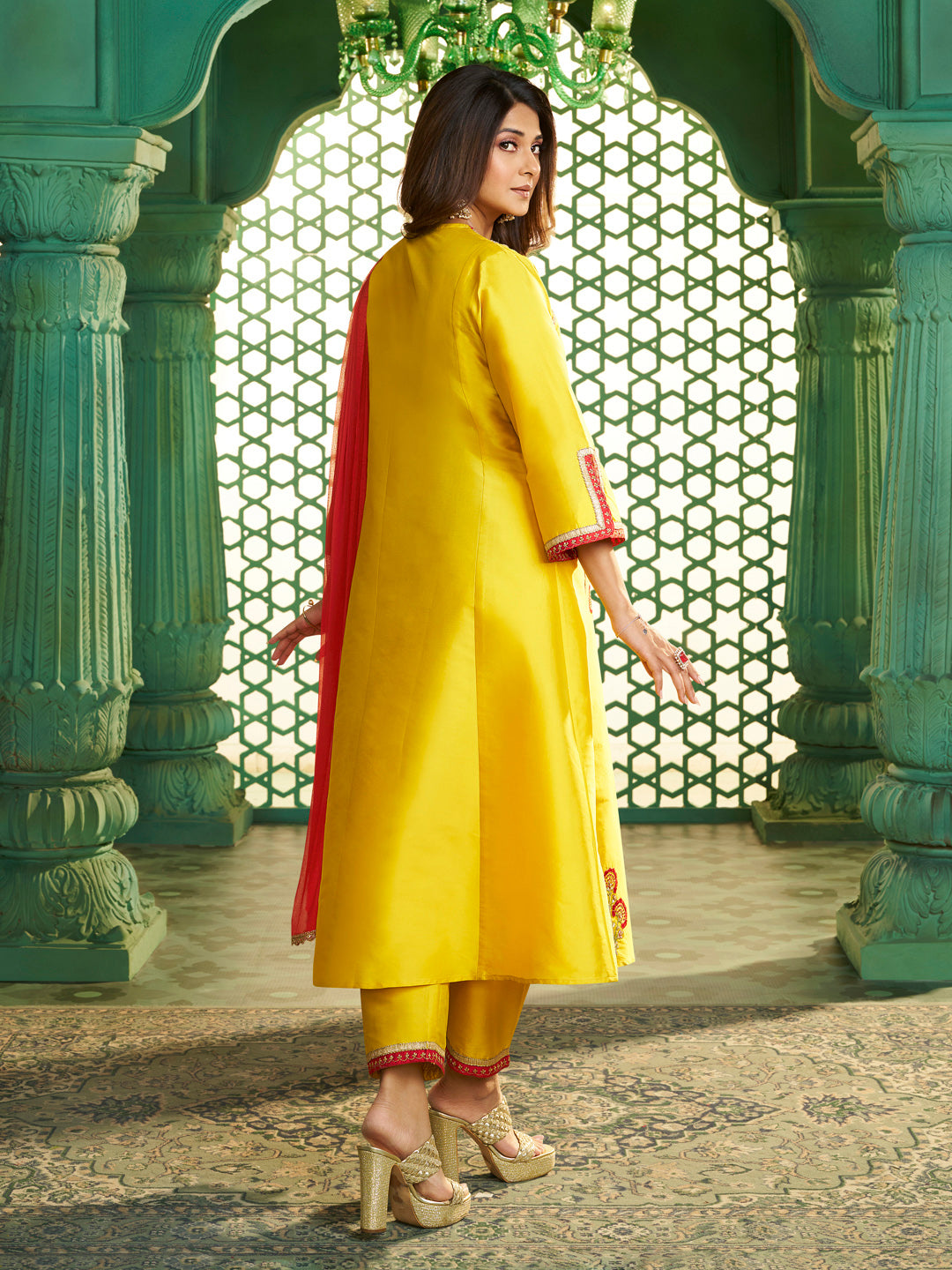 Bhama Couture Jennifer Winget Yellow Embroidered Kurta Set