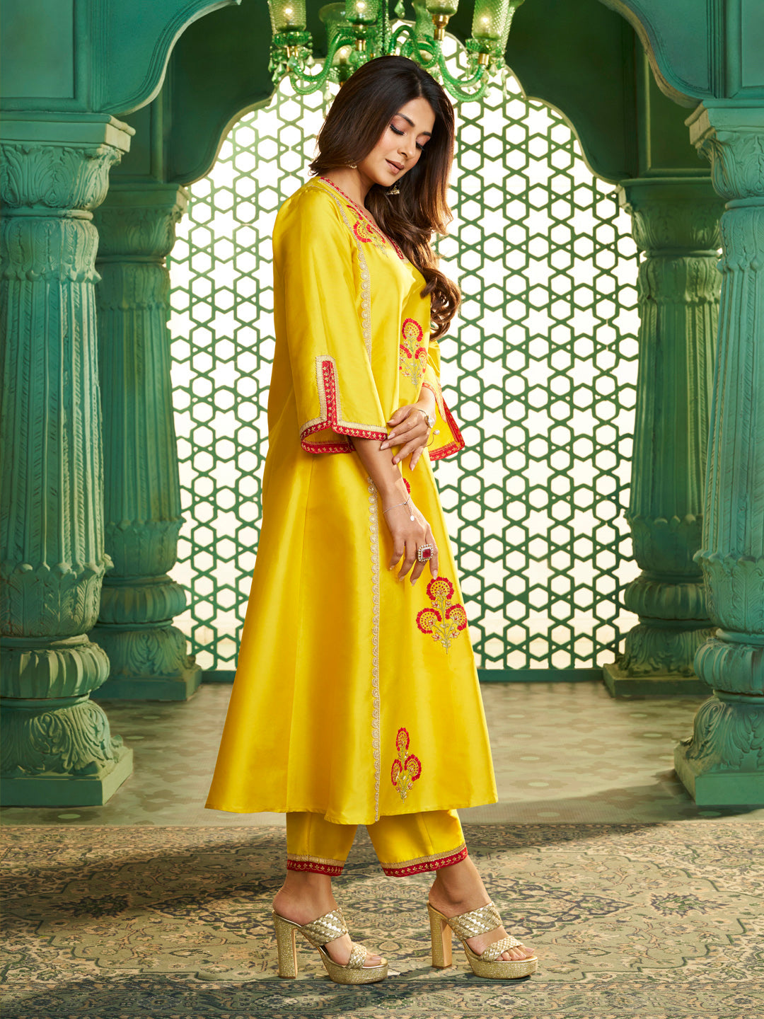 Bhama Couture Jennifer Winget Yellow Embroidered Kurta Set