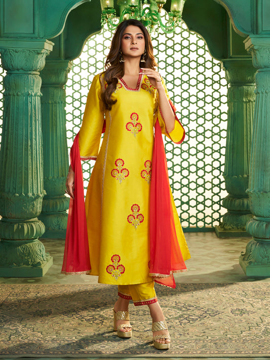 Bhama Couture Jennifer Winget Yellow Embroidered Kurta Set