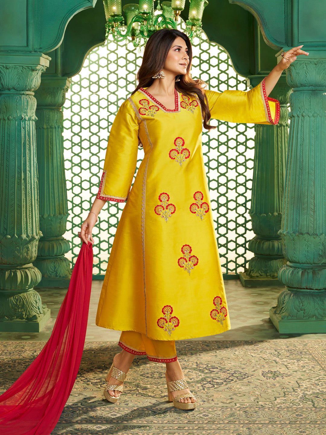 Bhama Couture Jennifer Winget Yellow Embroidered Kurta Set