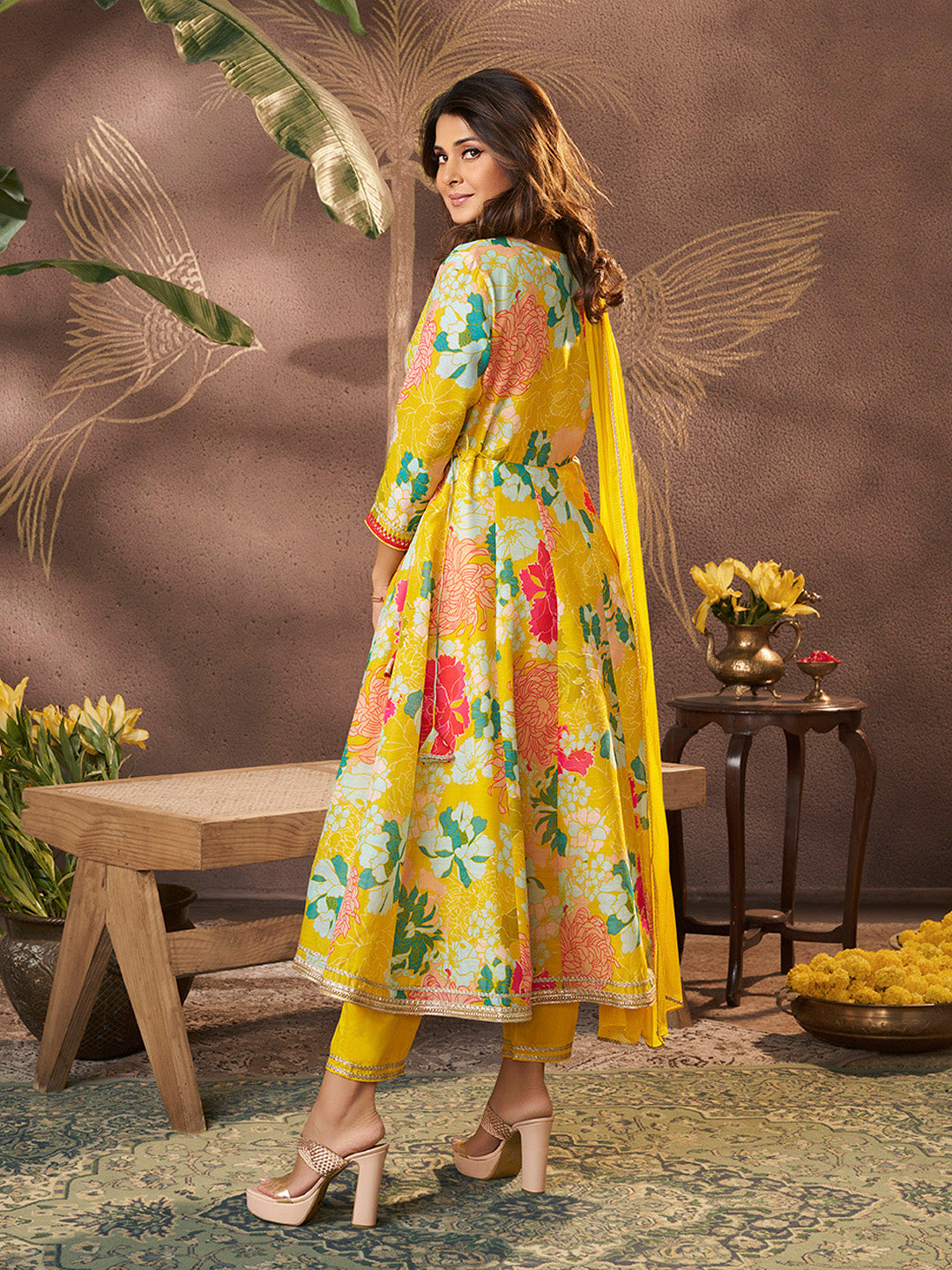 Bhama Couture Jennifer Winget Yellow Printed Anarkali Kurta Set