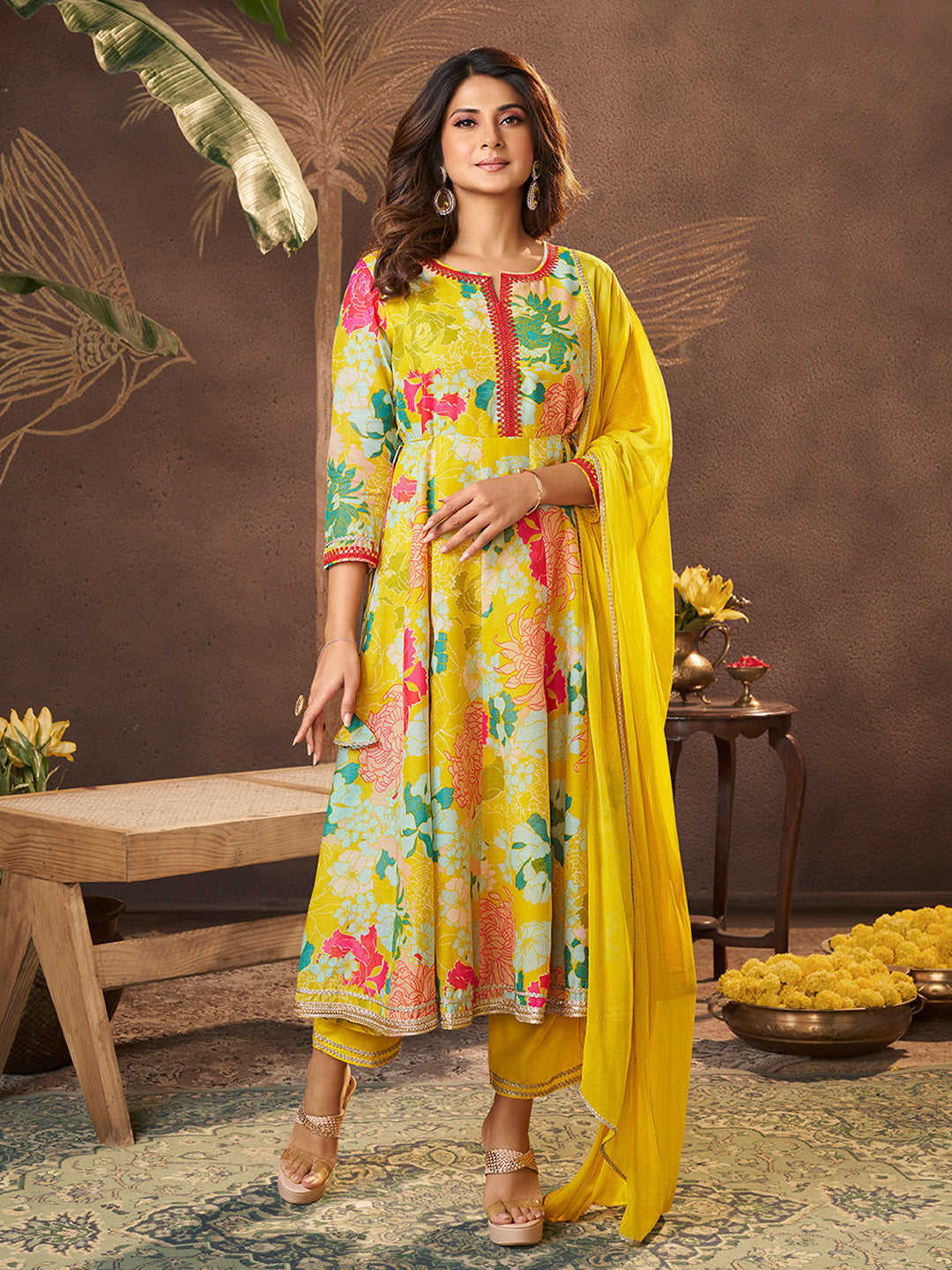 Bhama Couture Jennifer Winget Yellow Printed Anarkali Kurta Set