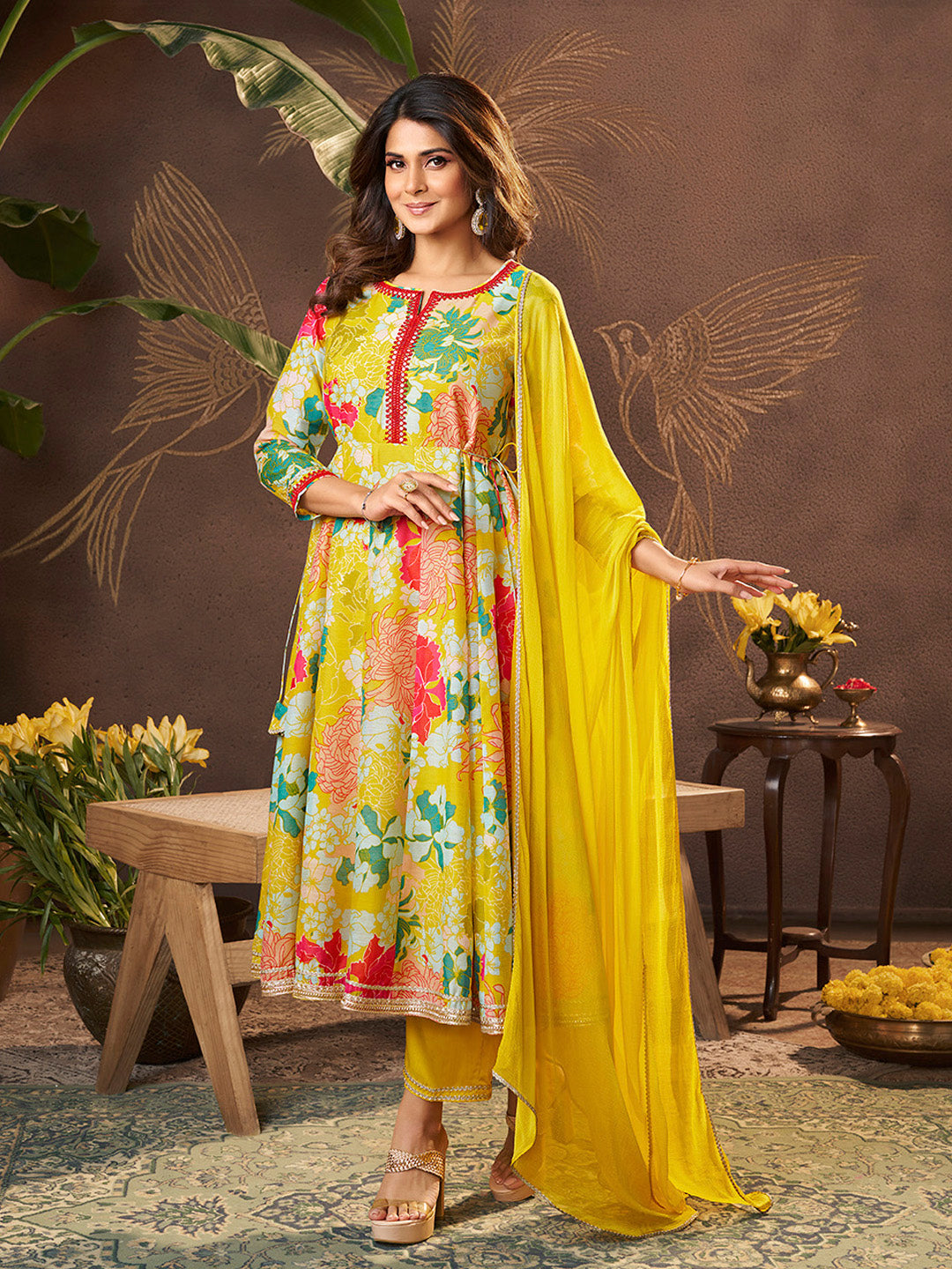 Bhama Couture Jennifer Winget Yellow Printed Anarkali Kurta Set