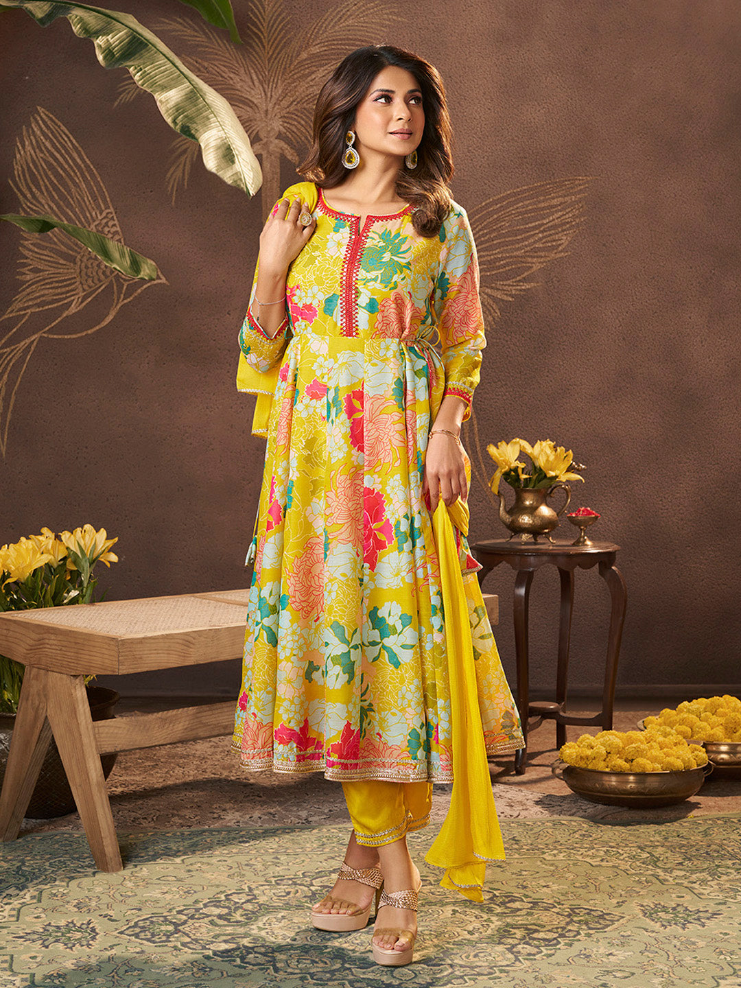 Bhama Couture Jennifer Winget Yellow Printed Anarkali Kurta Set