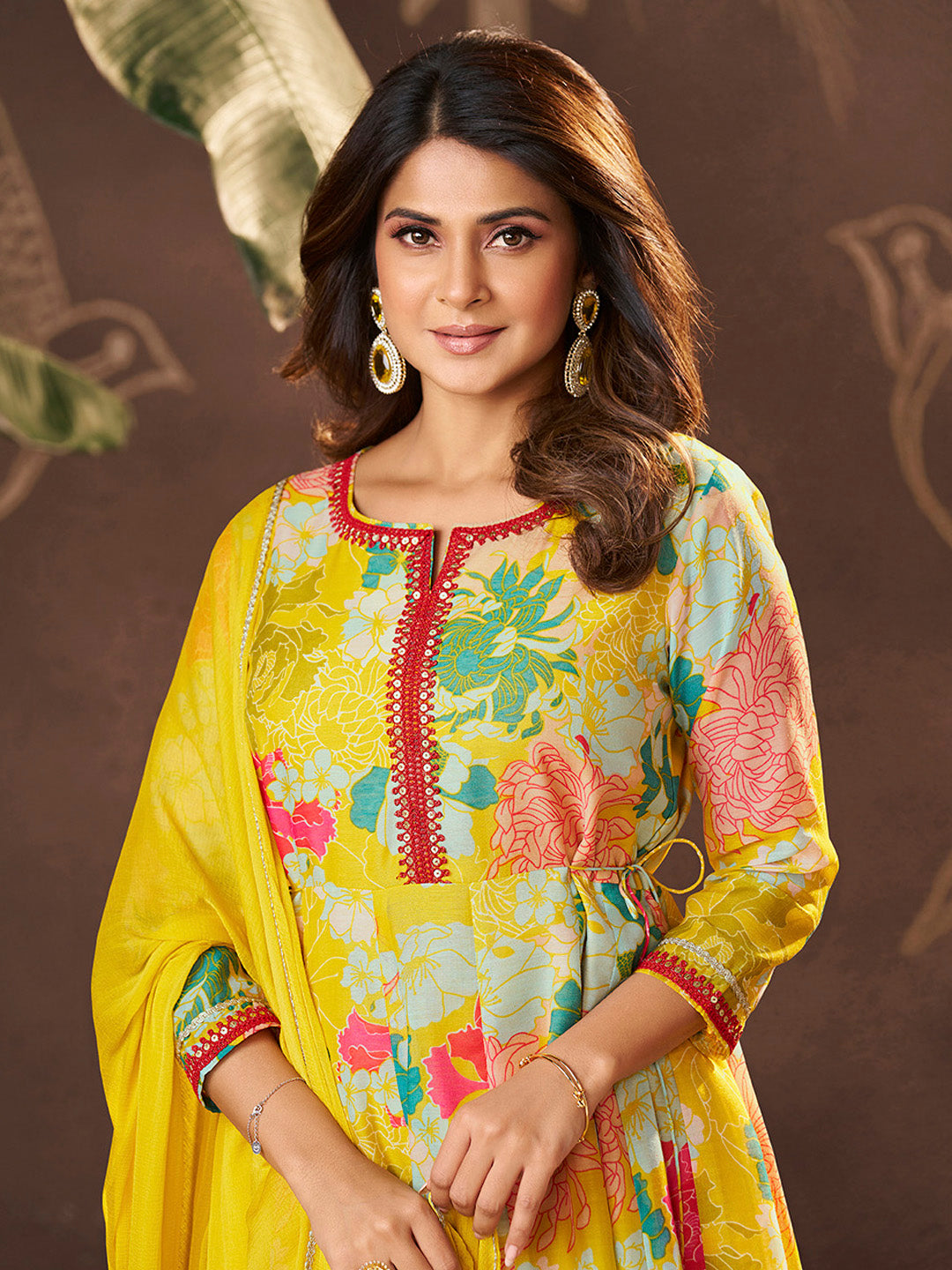 Bhama Couture Jennifer Winget Yellow Printed Anarkali Kurta Set