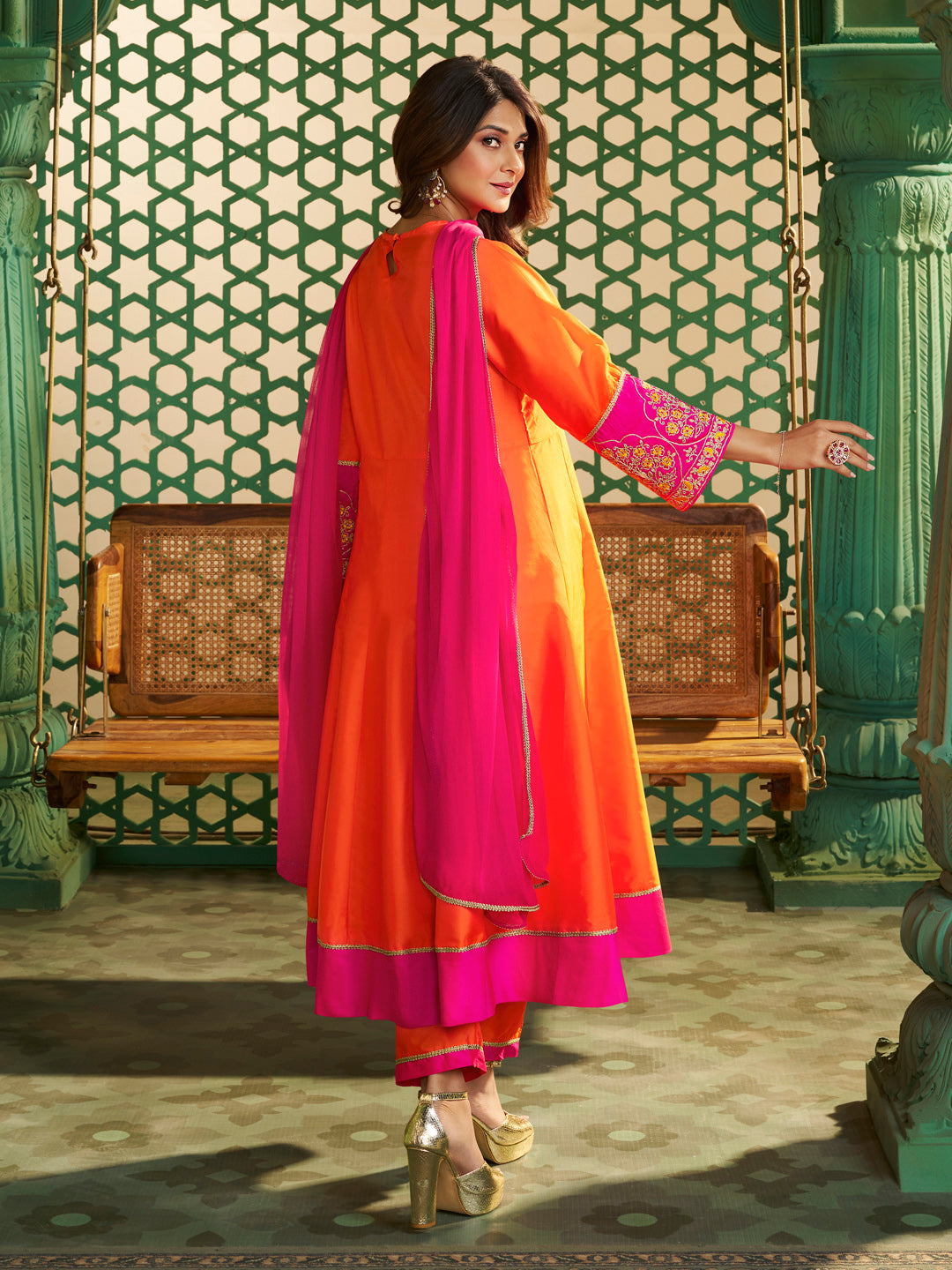 Bhama Couture Jennifer Winget Orange And Pink Embroidered Anarkali Kurta Set