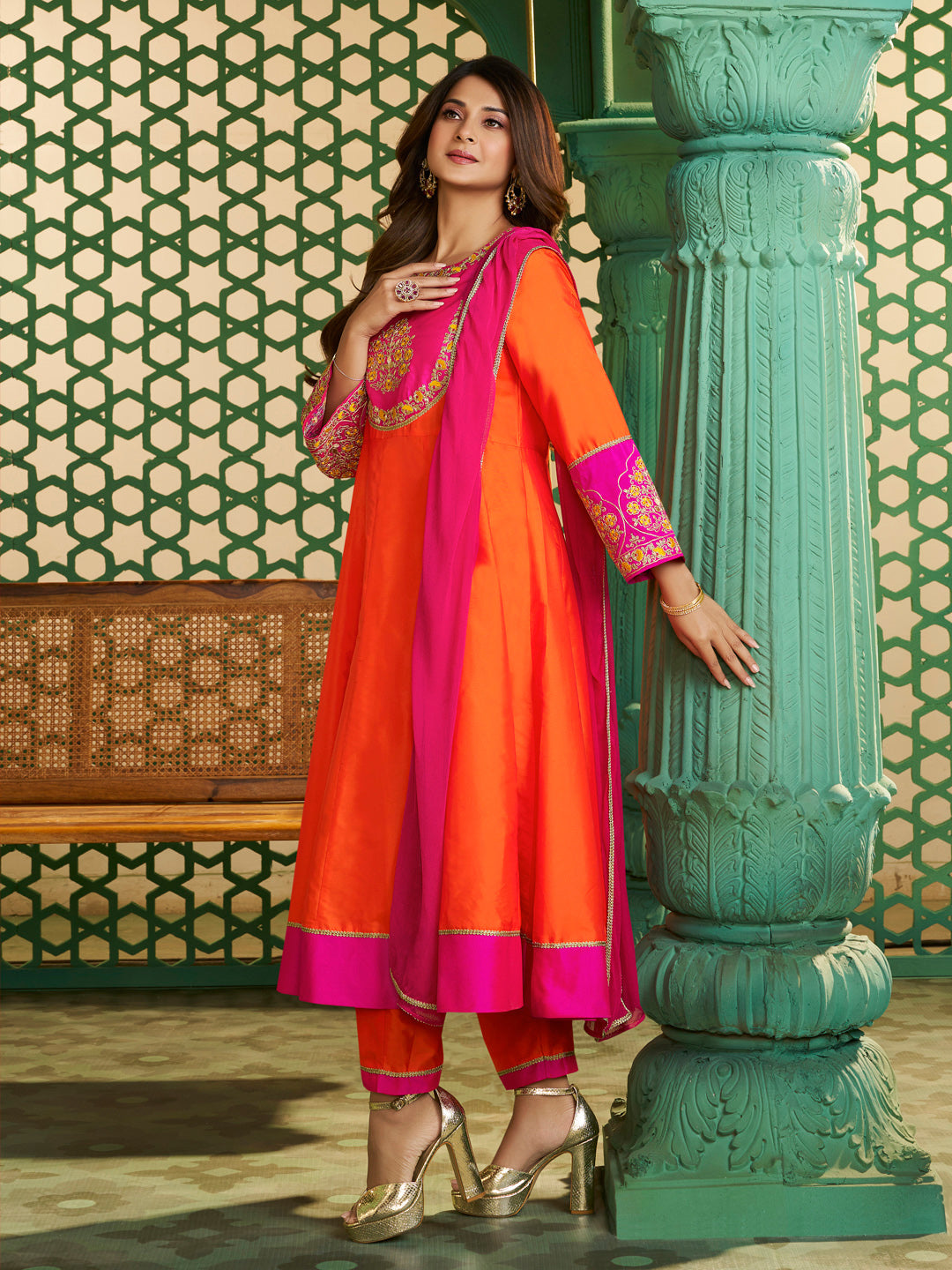 Bhama Couture Jennifer Winget Orange And Pink Embroidered Anarkali Kurta Set