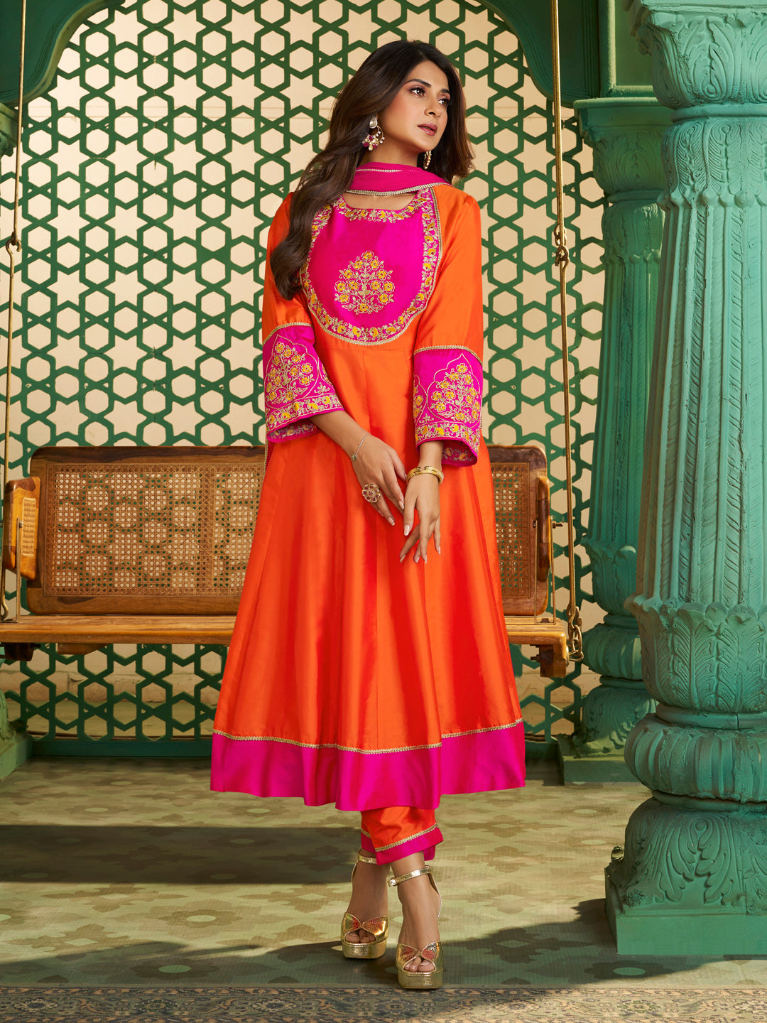 Bhama Couture Jennifer Winget Orange And Pink Embroidered Anarkali Kurta Set