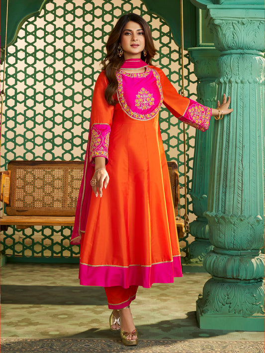 Bhama Couture Jennifer Winget Orange And Pink Embroidered Anarkali Kurta Set