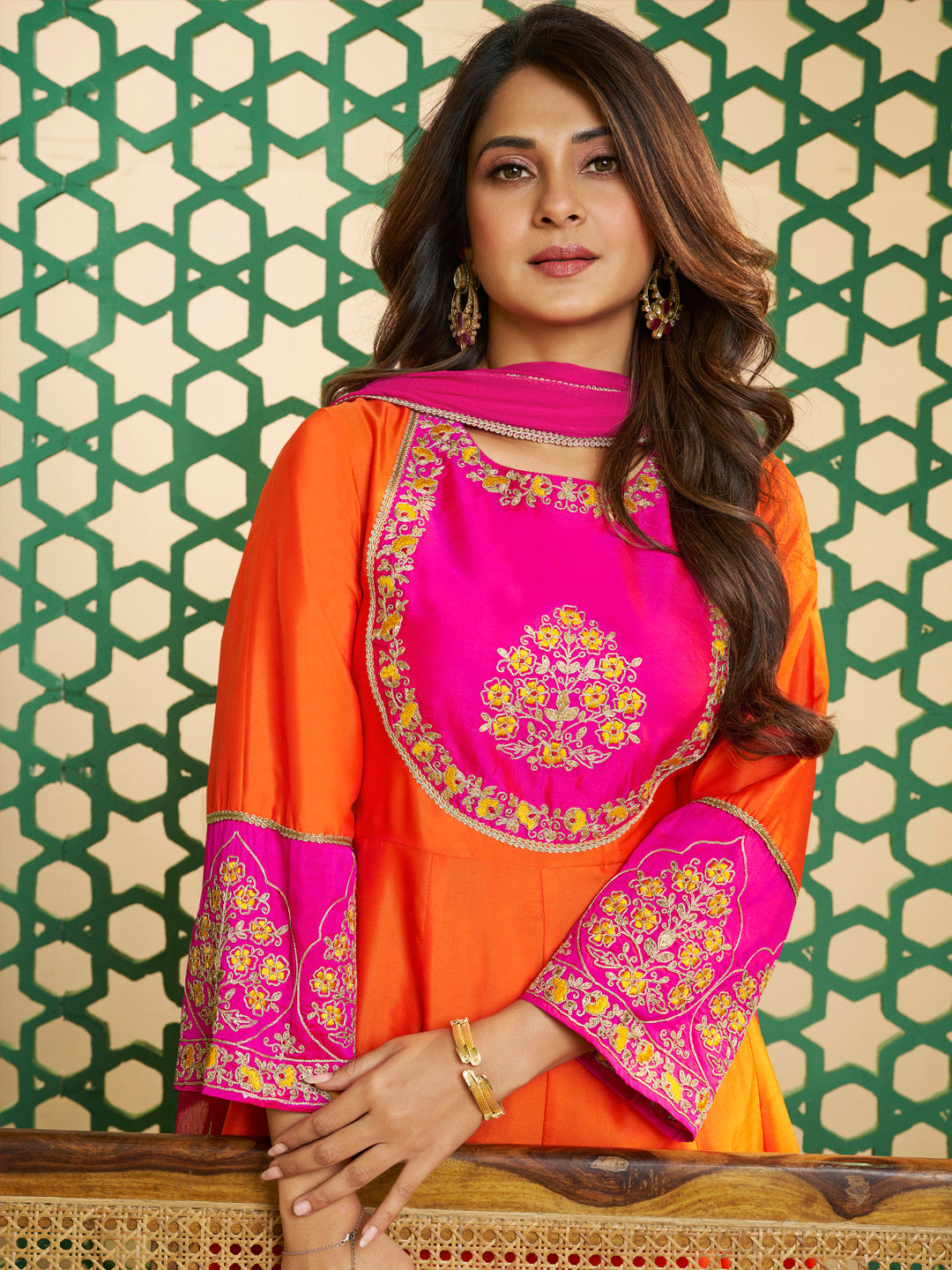 Bhama Couture Jennifer Winget Orange And Pink Embroidered Anarkali Kurta Set