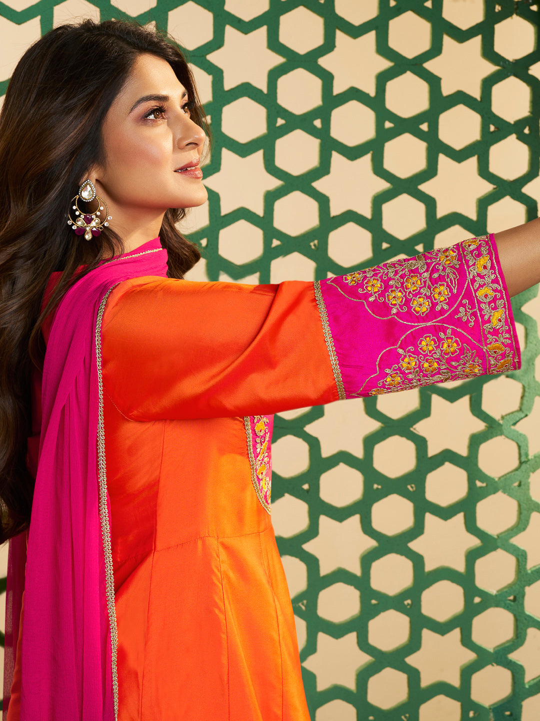 Bhama Couture Jennifer Winget Orange And Pink Embroidered Anarkali Kurta Set