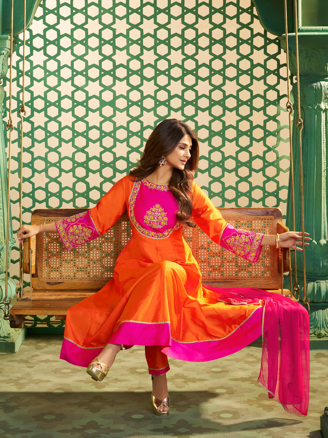 Bhama Couture Jennifer Winget Orange And Pink Embroidered Anarkali Kurta Set