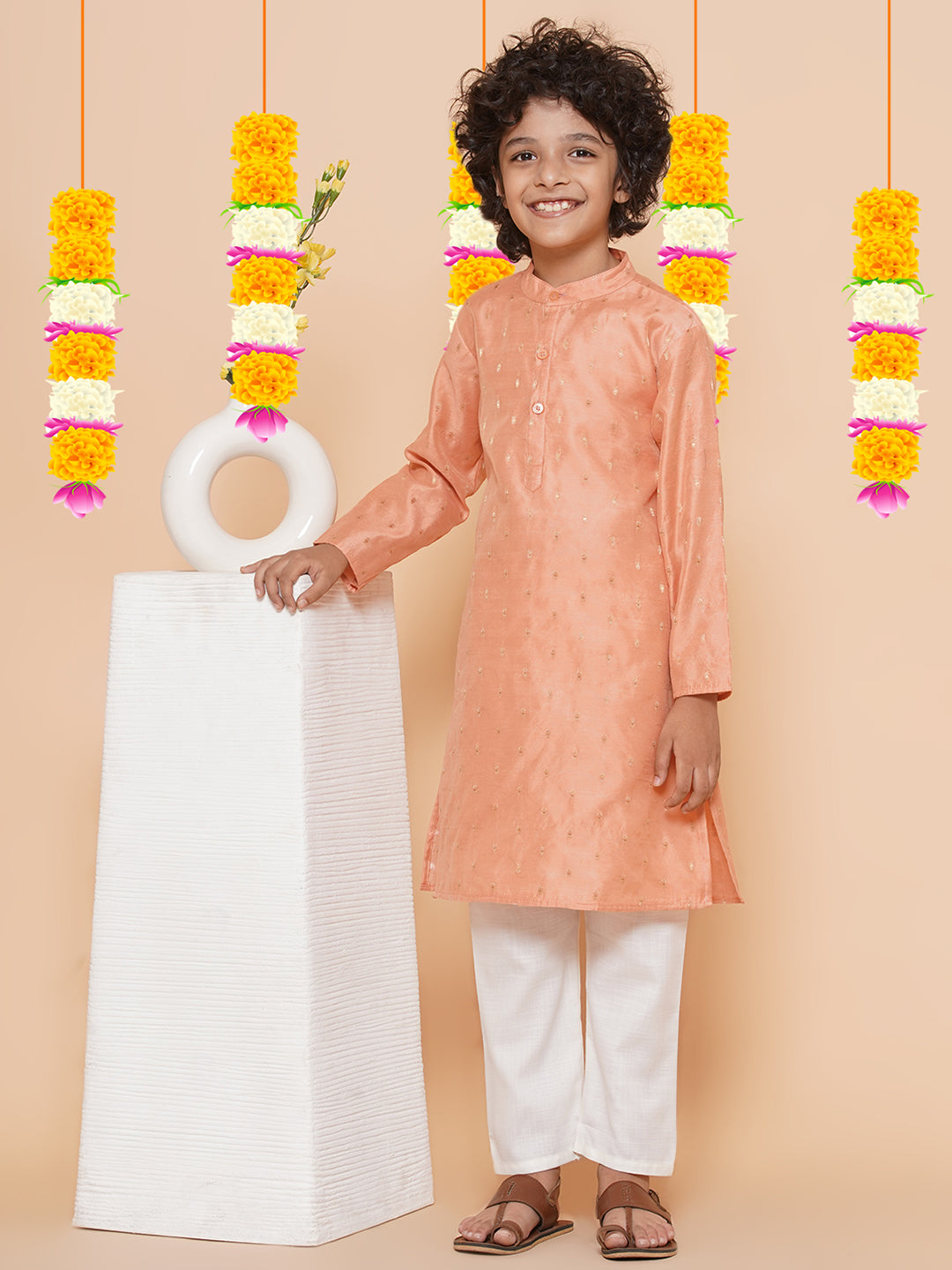 Bittu By Bhama Boys Peach Self Design Booti Kurta with Pyjamas