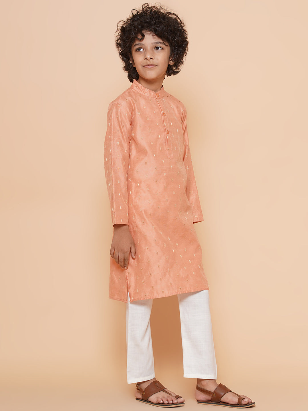 Bittu By Bhama Boys Peach Self Design Booti Kurta with Pyjamas