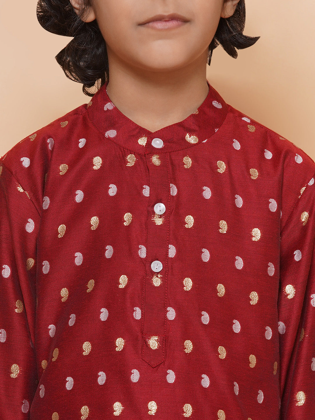 Bittu By Bhama Boys Maroon Self Design Booti Kurta with Pyjamas