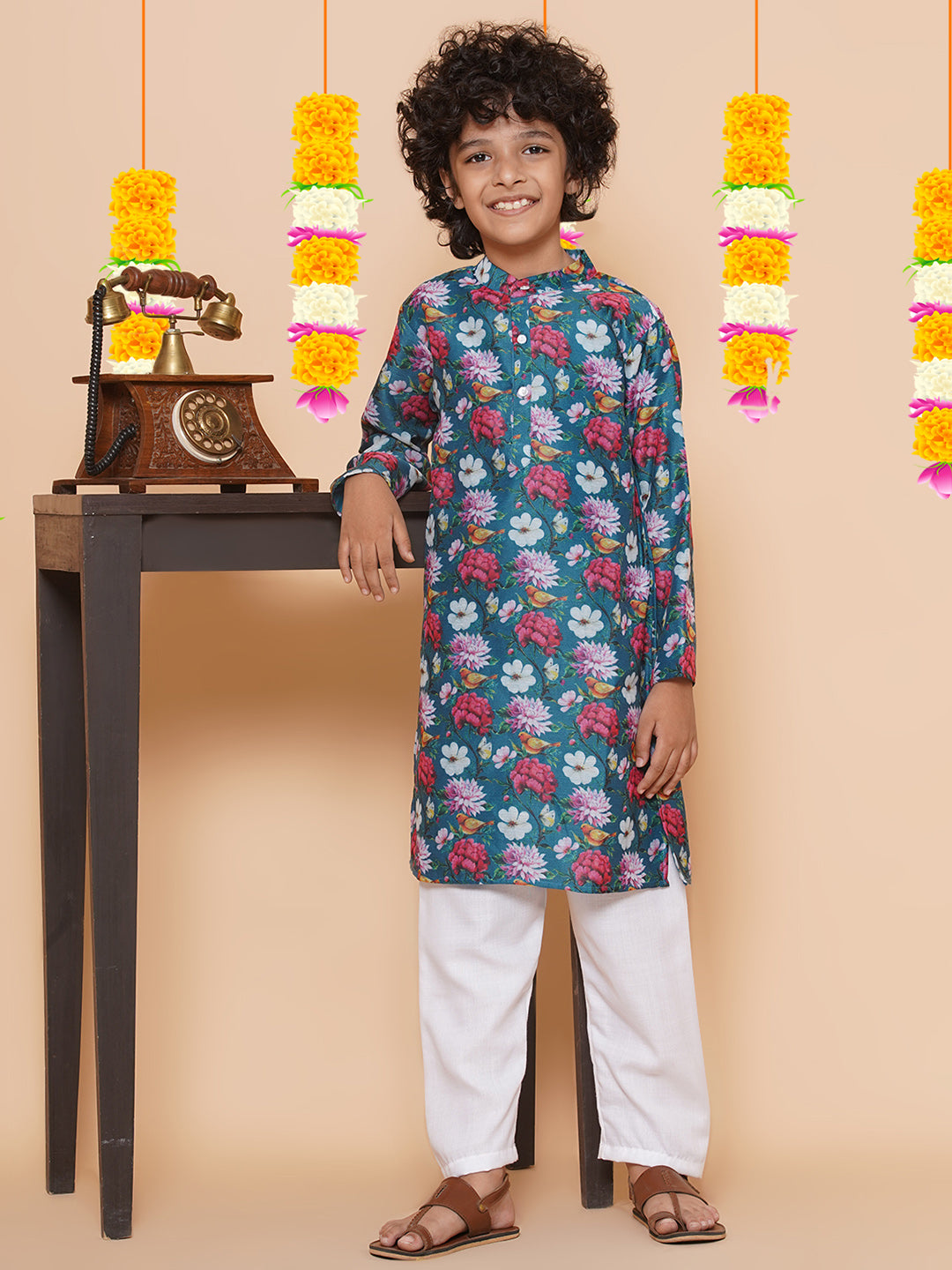 Bittu By Bhama Boys Petrol Blue Printed Kurta with Pyjamas