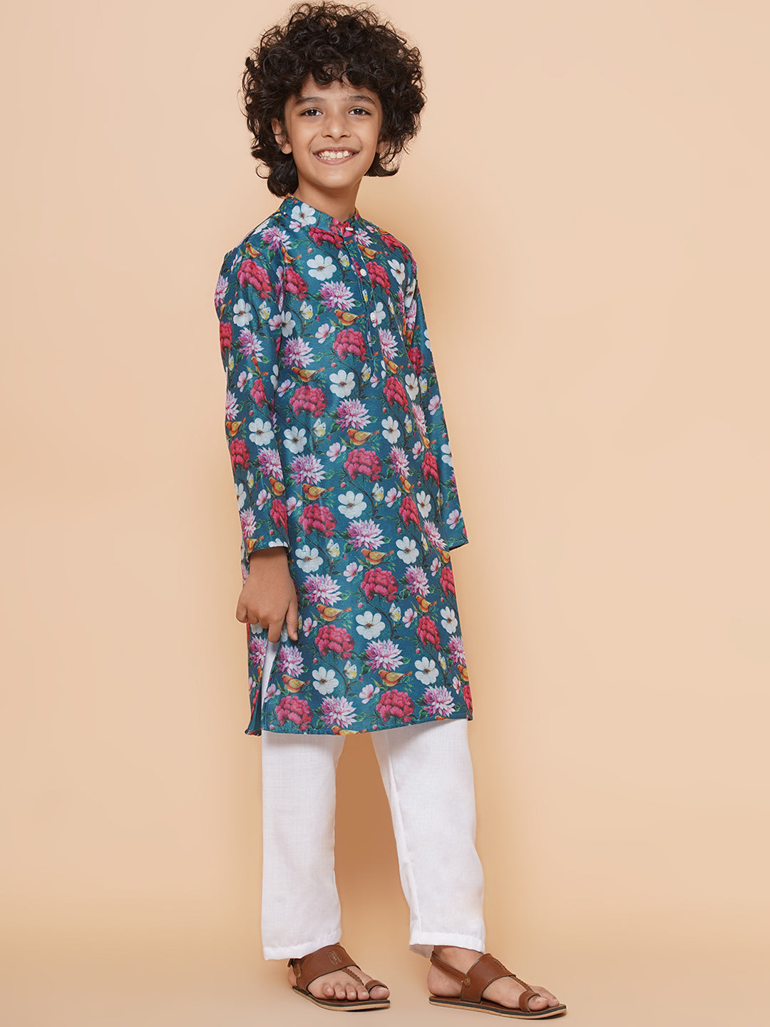 Bittu By Bhama Boys Petrol Blue Printed Kurta with Pyjamas